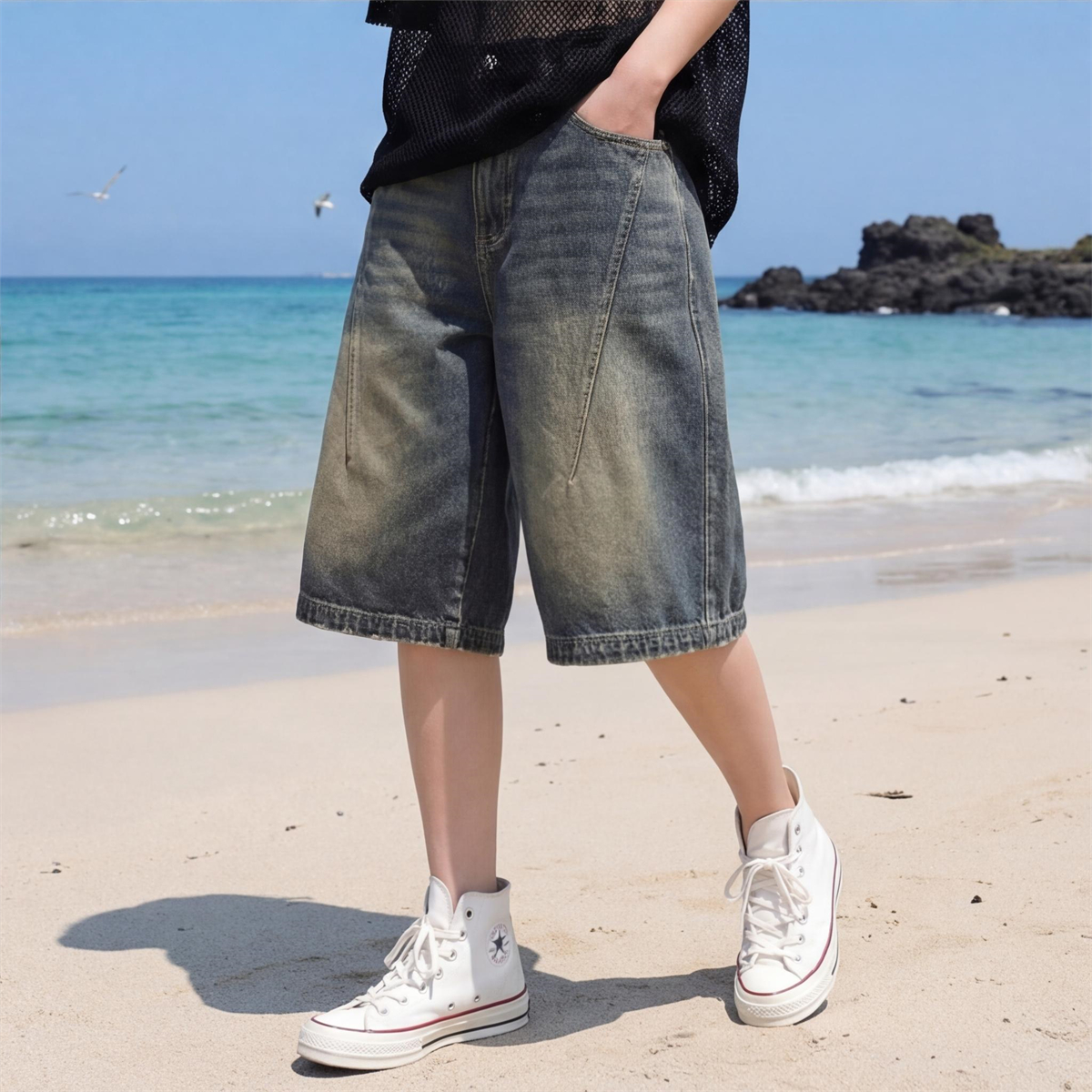Streetwear Brand Shorts - High Street Vintage Gradient Denim Shorts
